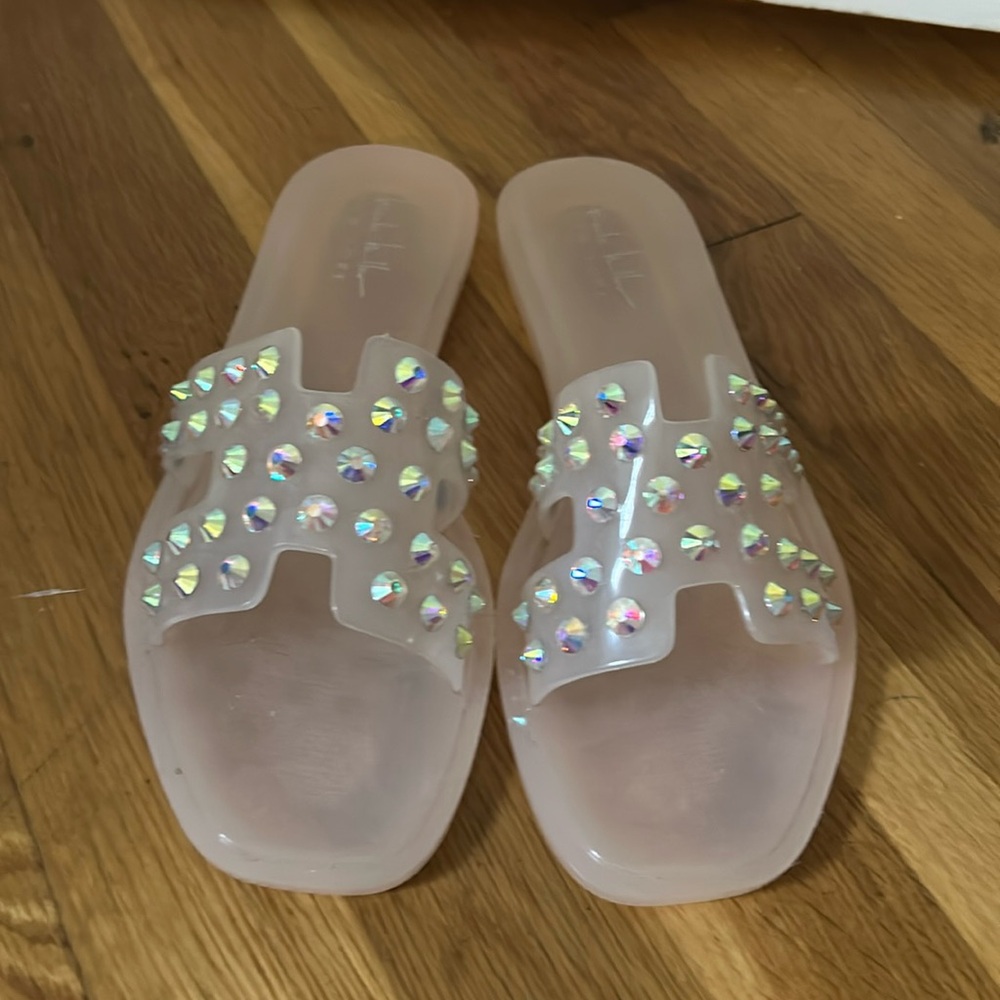Nicole Miller Iridescent Crystal Jelly Slide Sandals - Clear